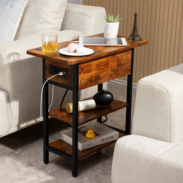 Alt view image 2 of 7 - Compact Narrow End Table with Charging Station, Flip Top Side Nightstand with USB & AC Outlets, 2-Tier Storage Steel Frame Sofa Side Table for Small Space Bedroom Living Room Dorm