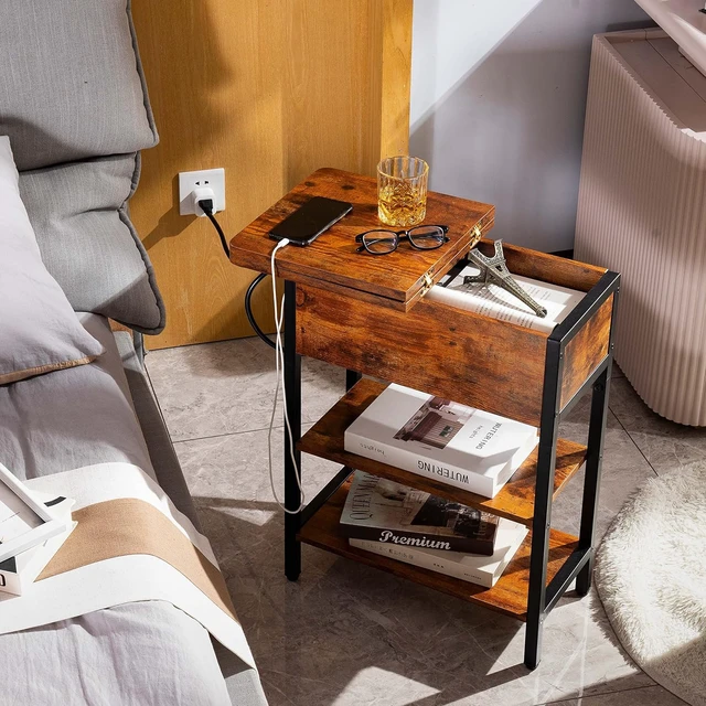 Alt view image 5 of 7 - Compact Narrow End Table with Charging Station, Flip Top Side Nightstand with USB & AC Outlets, 2-Tier Storage Steel Frame Sofa Side Table for Small Space Bedroom Living Room Dorm