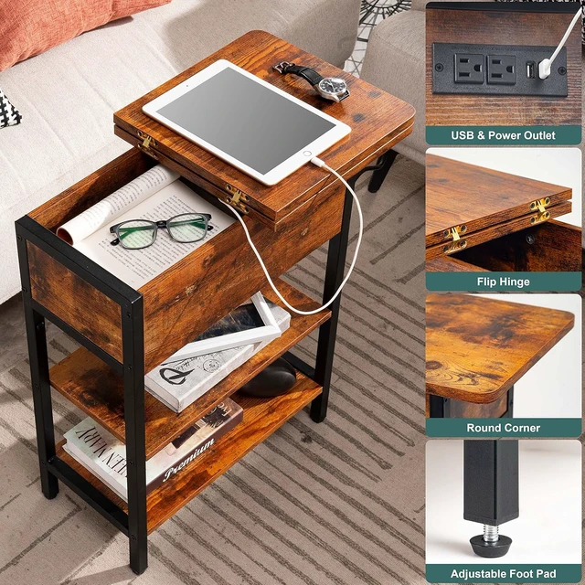 Alt view image 4 of 7 - Compact Narrow End Table with Charging Station, Flip Top Side Nightstand with USB & AC Outlets, 2-Tier Storage Steel Frame Sofa Side Table for Small Space Bedroom Living Room Dorm