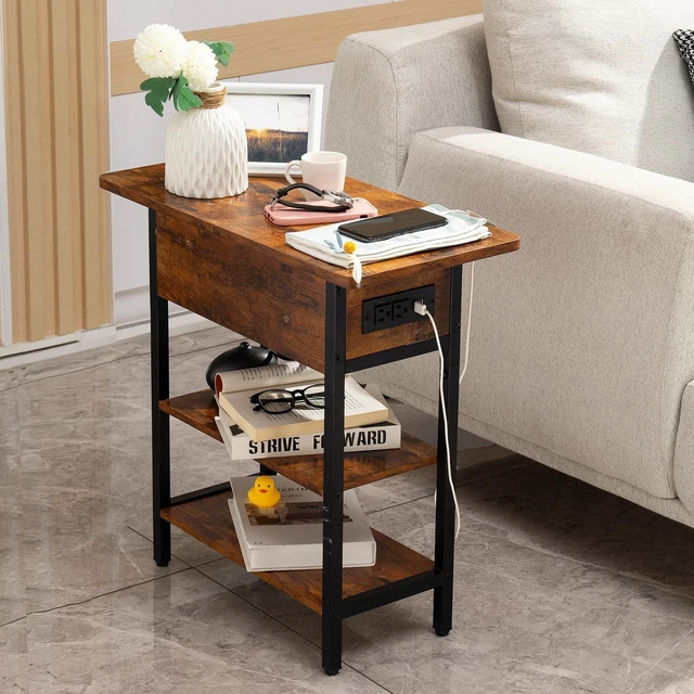 Alt view image 6 of 7 - Compact Narrow End Table with Charging Station, Flip Top Side Nightstand with USB & AC Outlets, 2-Tier Storage Steel Frame Sofa Side Table for Small Space Bedroom Living Room Dorm