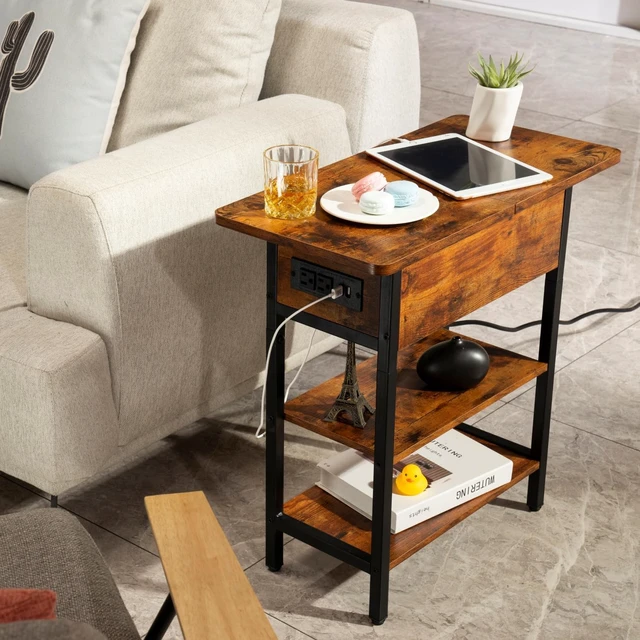Alt view image 7 of 7 - Compact Narrow End Table with Charging Station, Flip Top Side Nightstand with USB & AC Outlets, 2-Tier Storage Steel Frame Sofa Side Table for Small Space Bedroom Living Room Dorm
