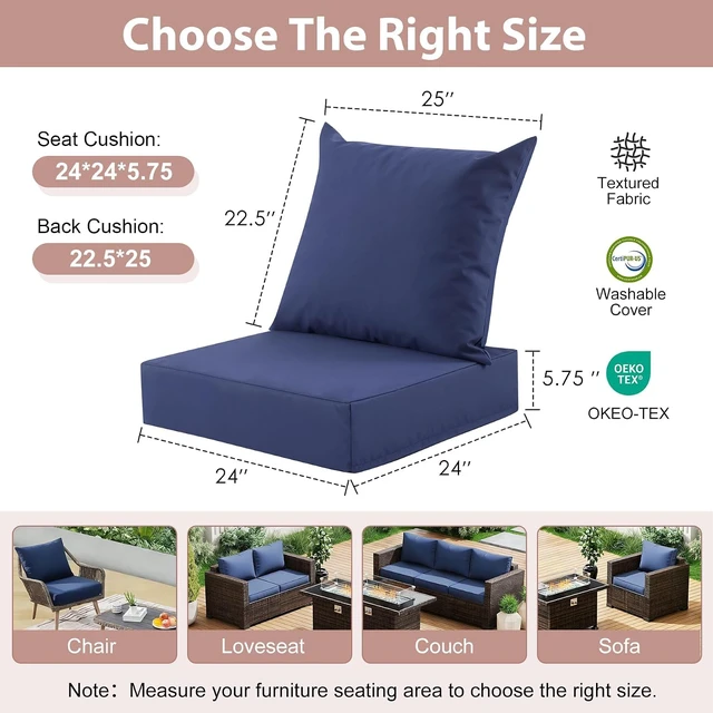 Alt view image 2 of 7 - Outdoor Deep Seat Cushion Set of 2, 24 x 24 Inch Navy Blue, WaterResistant FadeProof Cushions with Removable Covers for Patio Chair and Sofa Furniture