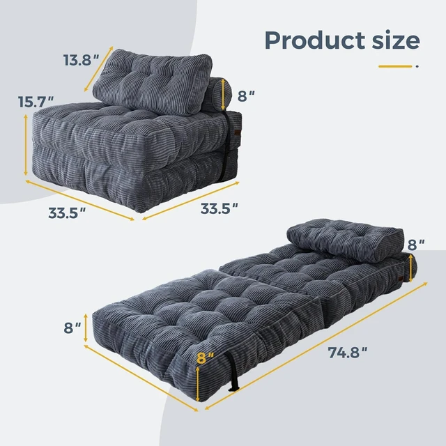 Alt view image 2 of 7 - Folding Sofa Bed with Detachable Pillows, Multipurpose Convertible Chair Bed, Premium Corded Fabric Single Fold Out Lounger for Living Room Bedroom Guest Room Small Space