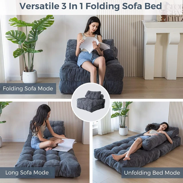Alt view image 3 of 7 - Folding Sofa Bed with Detachable Pillows, Multipurpose Convertible Chair Bed, Premium Corded Fabric Single Fold Out Lounger for Living Room Bedroom Guest Room Small Space