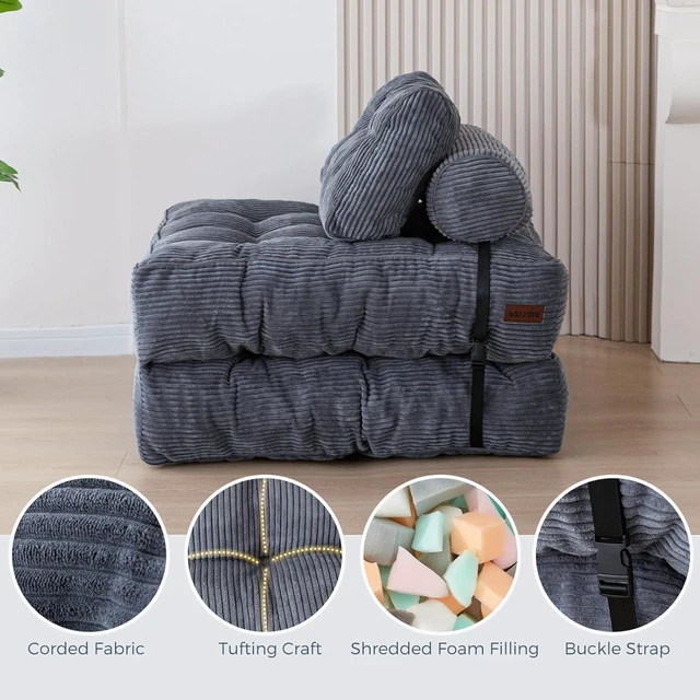 Alt view image 5 of 7 - Folding Sofa Bed with Detachable Pillows, Multipurpose Convertible Chair Bed, Premium Corded Fabric Single Fold Out Lounger for Living Room Bedroom Guest Room Small Space