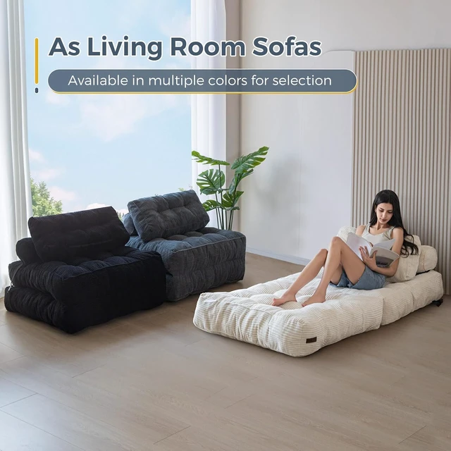 Alt view image 6 of 7 - Folding Sofa Bed with Detachable Pillows, Multipurpose Convertible Chair Bed, Premium Corded Fabric Single Fold Out Lounger for Living Room Bedroom Guest Room Small Space