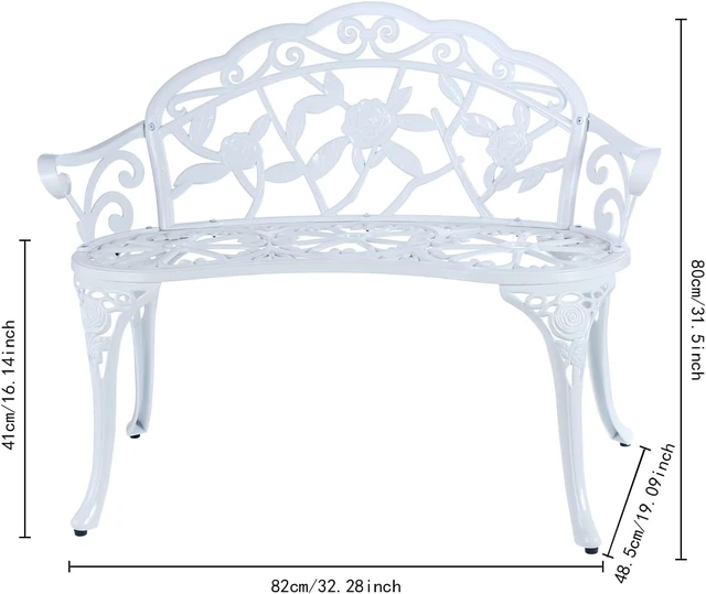Alt view image 2 of 4 - Cast Aluminum Outdoor Patio Bench with Floral Rose Pattern, RustResistant Waterproof Metal Garden Bench for Park Lawn Yard, White