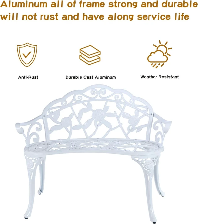 Alt view image 3 of 4 - Cast Aluminum Outdoor Patio Bench with Floral Rose Pattern, RustResistant Waterproof Metal Garden Bench for Park Lawn Yard, White