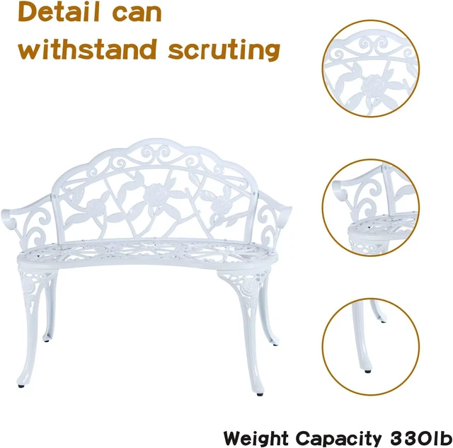 Alt view image 4 of 4 - Cast Aluminum Outdoor Patio Bench with Floral Rose Pattern, RustResistant Waterproof Metal Garden Bench for Park Lawn Yard, White
