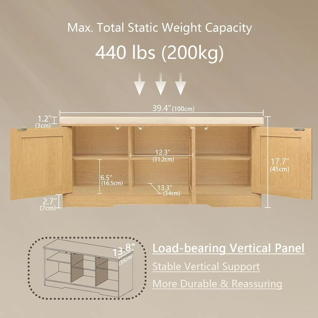 Alt view image 3 of 7 - Shoe Storage Bench with Cushion and PushtoOpen Door, 2Tier Adjustable Cubby Entryway Bench, 39.4 Inch for Entryway Hallway Bedroom