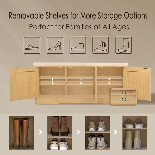Alt view image 4 of 7 - Shoe Storage Bench with Cushion and PushtoOpen Door, 2Tier Adjustable Cubby Entryway Bench, 39.4 Inch for Entryway Hallway Bedroom
