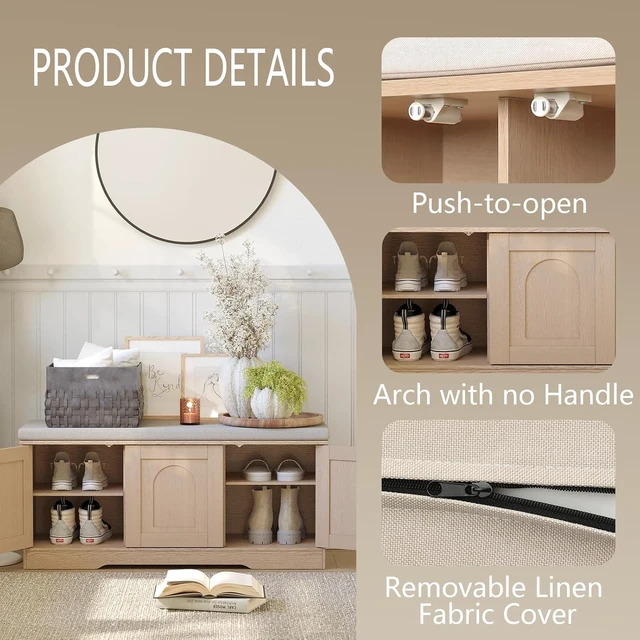 Alt view image 5 of 7 - Shoe Storage Bench with Cushion and PushtoOpen Door, 2Tier Adjustable Cubby Entryway Bench, 39.4 Inch for Entryway Hallway Bedroom