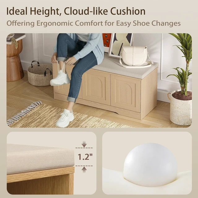 Alt view image 7 of 7 - Shoe Storage Bench with Cushion and PushtoOpen Door, 2Tier Adjustable Cubby Entryway Bench, 39.4 Inch for Entryway Hallway Bedroom