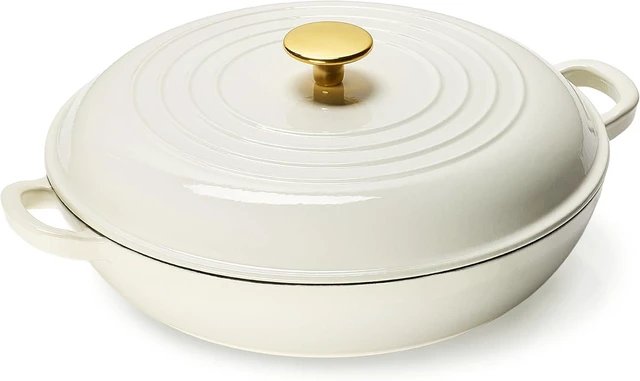 Main image of 3.4QT Enameled Cast Iron Braiser with Lid, White Gloss Porcelain Enamel Skillet, Heat Retention Multipurpose Cookware Oven Safe Compatible with All Stovetops