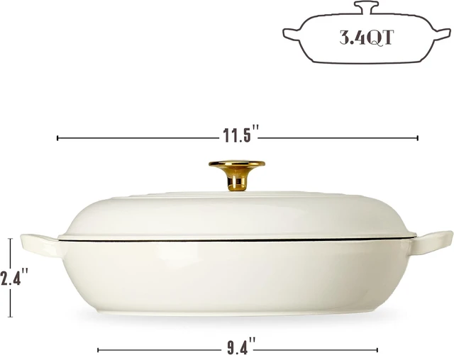 Alt view image 2 of 5 - 3.4QT Enameled Cast Iron Braiser with Lid, White Gloss Porcelain Enamel Skillet, Heat Retention Multipurpose Cookware Oven Safe Compatible with All Stovetops