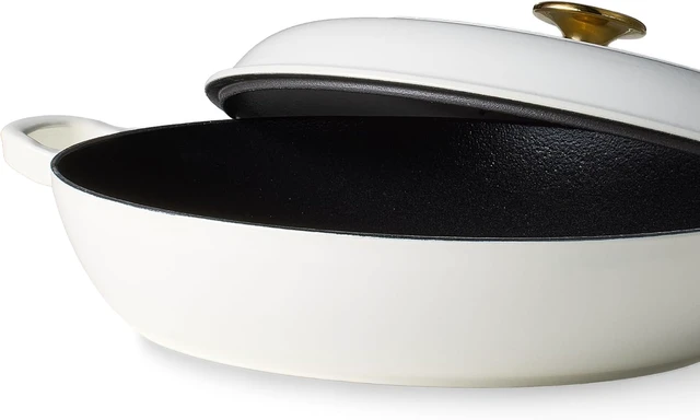 Alt view image 3 of 5 - 3.4QT Enameled Cast Iron Braiser with Lid, White Gloss Porcelain Enamel Skillet, Heat Retention Multipurpose Cookware Oven Safe Compatible with All Stovetops