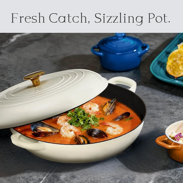Alt view image 4 of 5 - 3.4QT Enameled Cast Iron Braiser with Lid, White Gloss Porcelain Enamel Skillet, Heat Retention Multipurpose Cookware Oven Safe Compatible with All Stovetops
