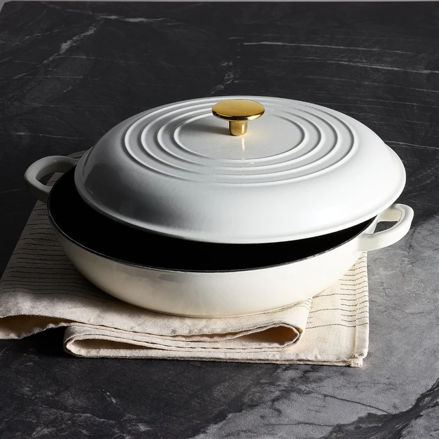 Alt view image 5 of 5 - 3.4QT Enameled Cast Iron Braiser with Lid, White Gloss Porcelain Enamel Skillet, Heat Retention Multipurpose Cookware Oven Safe Compatible with All Stovetops
