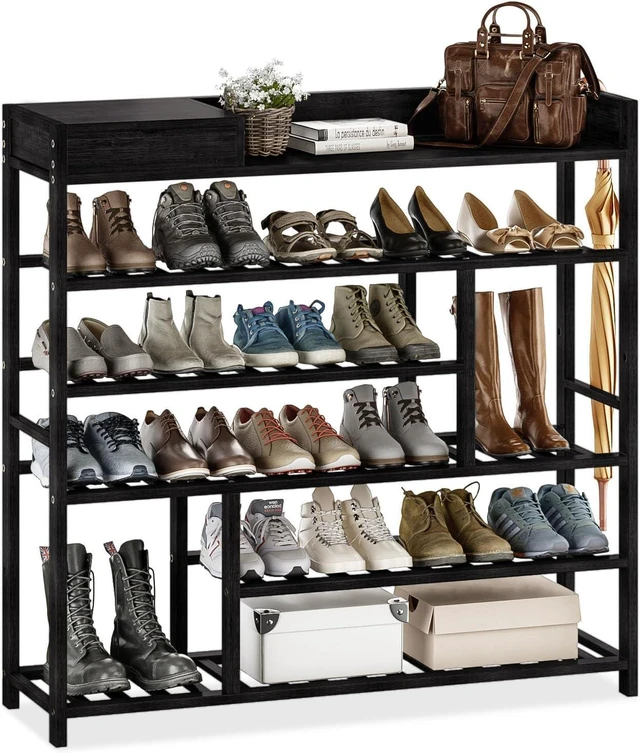 Main image of Bamboo FreeStanding Shoe Rack with Storage Drawer, Adjustable Shelves Shoe Organizer for Entryway Closet Doorway, Holds 2430 Pairs of Shoes, Black
