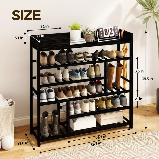 Alt view image 3 of 7 - Bamboo FreeStanding Shoe Rack with Storage Drawer, Adjustable Shelves Shoe Organizer for Entryway Closet Doorway, Holds 2430 Pairs of Shoes, Black