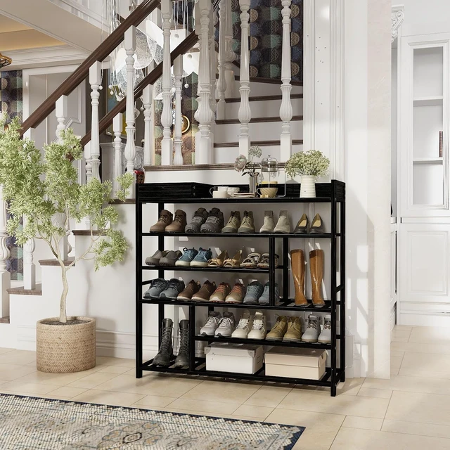 Alt view image 2 of 7 - Bamboo FreeStanding Shoe Rack with Storage Drawer, Adjustable Shelves Shoe Organizer for Entryway Closet Doorway, Holds 2430 Pairs of Shoes, Black