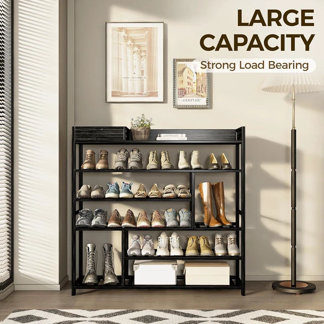Alt view image 5 of 7 - Bamboo FreeStanding Shoe Rack with Storage Drawer, Adjustable Shelves Shoe Organizer for Entryway Closet Doorway, Holds 2430 Pairs of Shoes, Black