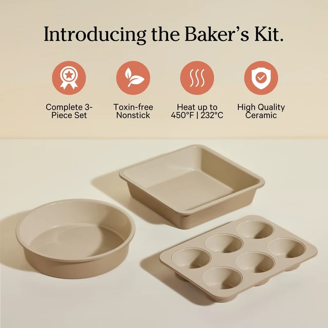 Alt view image 3 of 6 - 3 Piece Nonstick Ceramic Baking Pan Set, Oven Safe Bakeware Kit Includes 8 Inch Round Pan, 8 Inch Square Pan and 6-Cup Muffin Pan, Toxin-Free Even Heating Kitchen Baking Tools