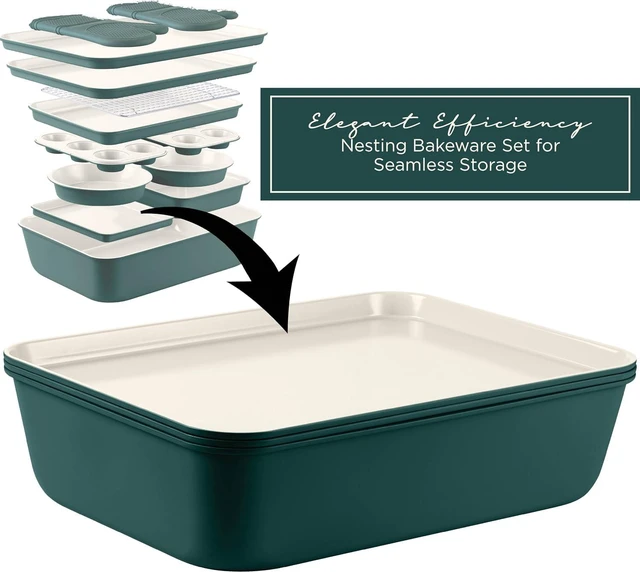 Alt view image 2 of 7 - 13 Piece Nonstick Stackable Bakeware Set, Heavy Gauge Carbon Steel Warp Resistant Baking Pans, 450°F Oven Safe Nestable Kitchen Baking Kit with Cooling Rack and Oven Mitts