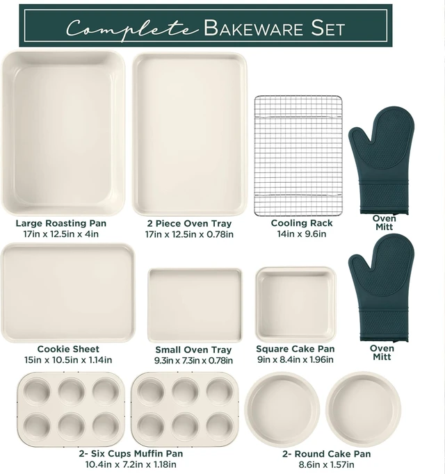 Alt view image 4 of 7 - 13 Piece Nonstick Stackable Bakeware Set, Heavy Gauge Carbon Steel Warp Resistant Baking Pans, 450°F Oven Safe Nestable Kitchen Baking Kit with Cooling Rack and Oven Mitts