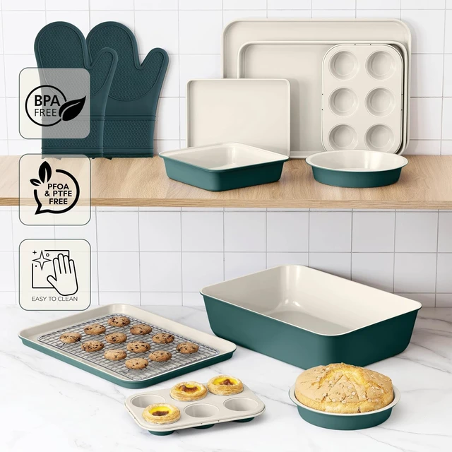 Alt view image 5 of 7 - 13 Piece Nonstick Stackable Bakeware Set, Heavy Gauge Carbon Steel Warp Resistant Baking Pans, 450°F Oven Safe Nestable Kitchen Baking Kit with Cooling Rack and Oven Mitts