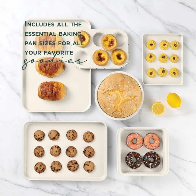 Alt view image 7 of 7 - 13 Piece Nonstick Stackable Bakeware Set, Heavy Gauge Carbon Steel Warp Resistant Baking Pans, 450°F Oven Safe Nestable Kitchen Baking Kit with Cooling Rack and Oven Mitts