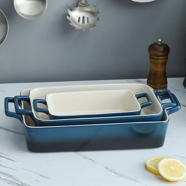 Alt view image 2 of 6 - 3 Piece Gradient Blue Ceramic Baking Dish Set, Rectangular Stackable Stoneware Casserole Pans, Oven Microwave Dishwasher Safe Non-Stick Bakeware for Baking Cooking Serving Storage