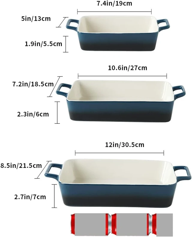 Alt view image 3 of 6 - 3 Piece Gradient Blue Ceramic Baking Dish Set, Rectangular Stackable Stoneware Casserole Pans, Oven Microwave Dishwasher Safe Non-Stick Bakeware for Baking Cooking Serving Storage