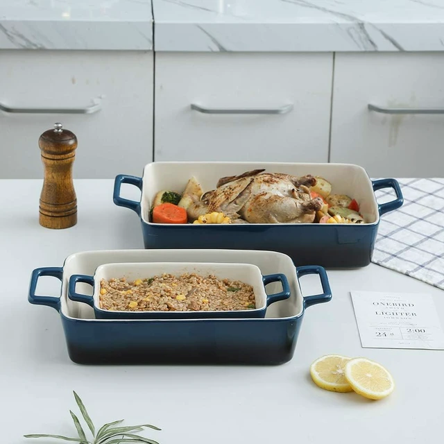 Alt view image 4 of 6 - 3 Piece Gradient Blue Ceramic Baking Dish Set, Rectangular Stackable Stoneware Casserole Pans, Oven Microwave Dishwasher Safe Non-Stick Bakeware for Baking Cooking Serving Storage
