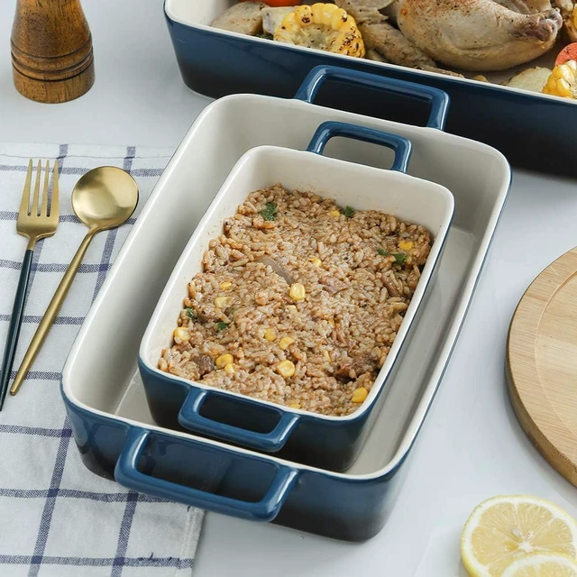 Alt view image 6 of 6 - 3 Piece Gradient Blue Ceramic Baking Dish Set, Rectangular Stackable Stoneware Casserole Pans, Oven Microwave Dishwasher Safe Non-Stick Bakeware for Baking Cooking Serving Storage
