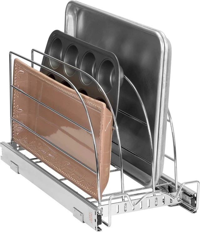Main image of 8.5"W x 21"D Pull Out Bakeware Organizer, Adjustable Divider Cabinet Storage Rack with Smooth Sliding System, Heavy Duty Kitchen Tray Cutting Board Pan Organizer for Narrow Cabinet