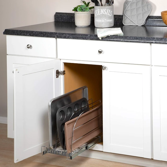 Alt view image 3 of 7 - 8.5"W x 21"D Pull Out Bakeware Organizer, Adjustable Divider Cabinet Storage Rack with Smooth Sliding System, Heavy Duty Kitchen Tray Cutting Board Pan Organizer for Narrow Cabinet