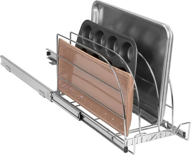 Alt view image 4 of 7 - 8.5"W x 21"D Pull Out Bakeware Organizer, Adjustable Divider Cabinet Storage Rack with Smooth Sliding System, Heavy Duty Kitchen Tray Cutting Board Pan Organizer for Narrow Cabinet