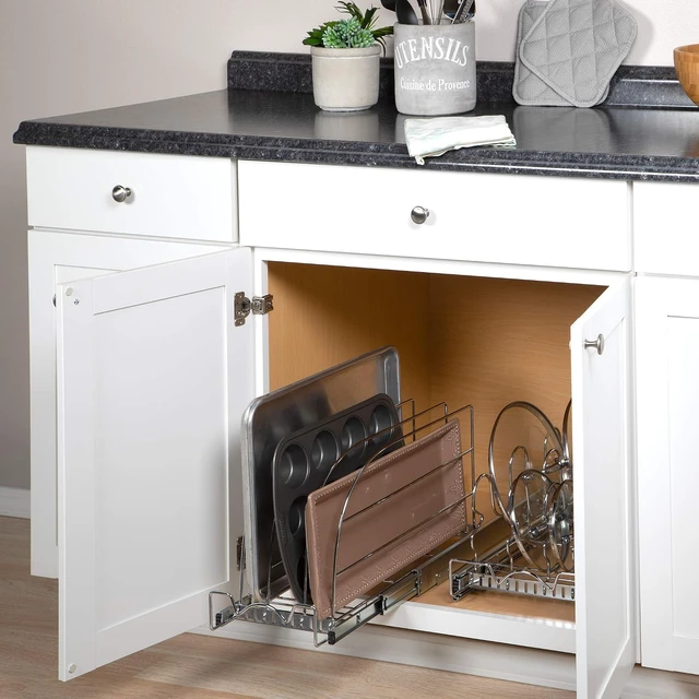 Alt view image 5 of 7 - 8.5"W x 21"D Pull Out Bakeware Organizer, Adjustable Divider Cabinet Storage Rack with Smooth Sliding System, Heavy Duty Kitchen Tray Cutting Board Pan Organizer for Narrow Cabinet