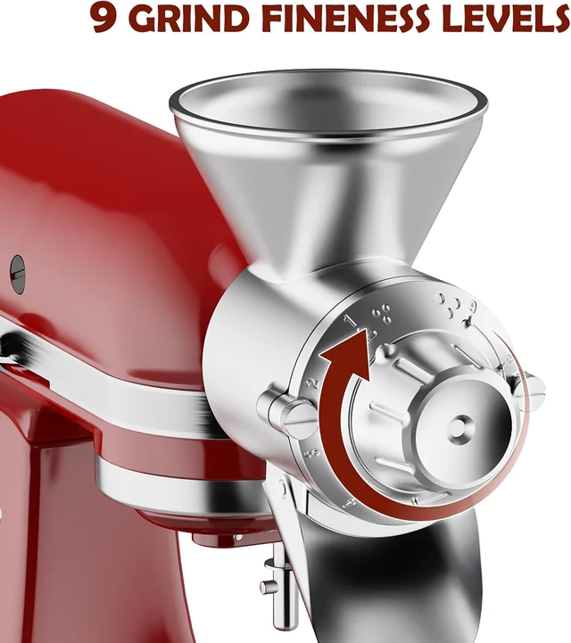 Alt view image 3 of 7 - Grain Mill Attachment for Stand Mixers, Premium Die-Cast Aluminum Alloy Grain Grinder with 9 Adjustable Grind Settings, Detachable Home Grain Grinding Accessory for Fresh Flour Coffee Bean Milling