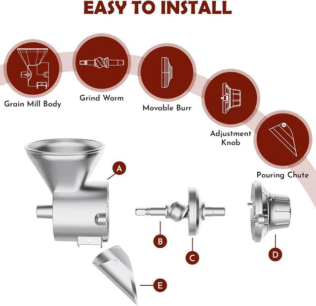 Alt view image 6 of 7 - Grain Mill Attachment for Stand Mixers, Premium Die-Cast Aluminum Alloy Grain Grinder with 9 Adjustable Grind Settings, Detachable Home Grain Grinding Accessory for Fresh Flour Coffee Bean Milling