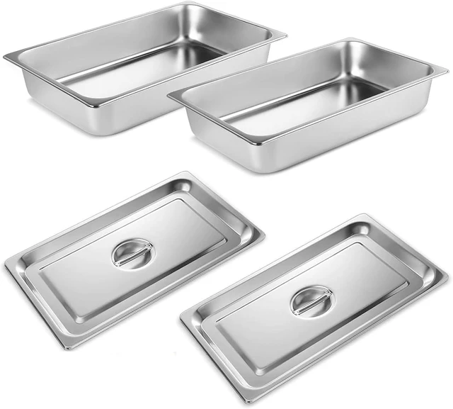 Main image of 2 Pack Full Size Steam Table Hotel Pans with Lids, 4 Inch Deep Food Grade Stainless Steel Commercial Cooking Pan, Stackable Reinforced Edge Buffet Food Storage Pan