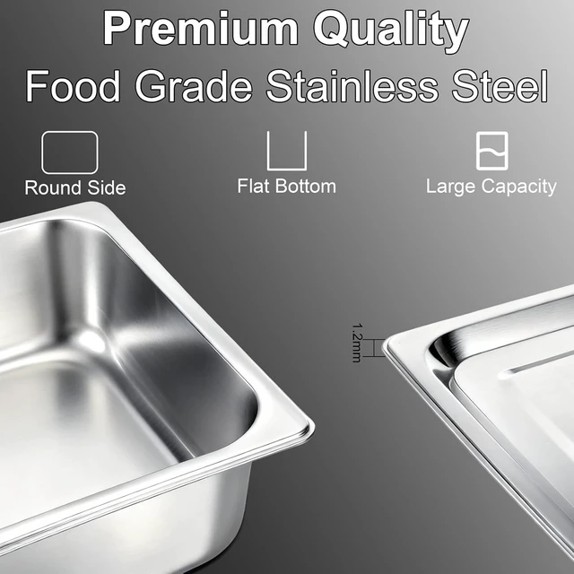 Alt view image 3 of 7 - 2 Pack Full Size Steam Table Hotel Pans with Lids, 4 Inch Deep Food Grade Stainless Steel Commercial Cooking Pan, Stackable Reinforced Edge Buffet Food Storage Pan