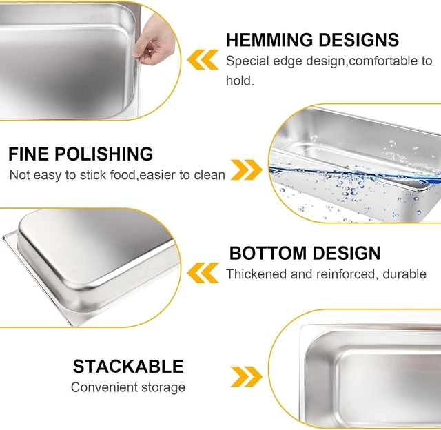 Alt view image 5 of 7 - 2 Pack Full Size Steam Table Hotel Pans with Lids, 4 Inch Deep Food Grade Stainless Steel Commercial Cooking Pan, Stackable Reinforced Edge Buffet Food Storage Pan