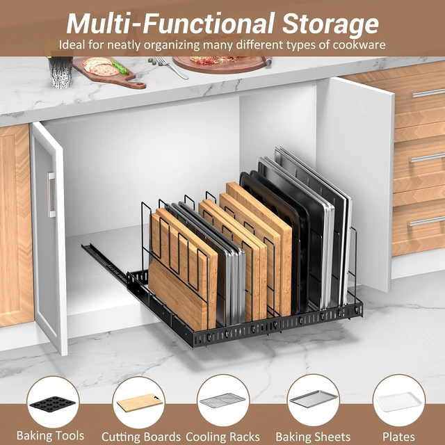 Alt view image 2 of 7 - Expandable Pull Out Bakeware Organizer for Cabinet, 13-22 Inch Adjustable Cookie Sheet Tray Storage Rack with 8 Dividers, 3-Section Smooth Slide Rail Carbon Steel Cutting Board Pan Lid Holder