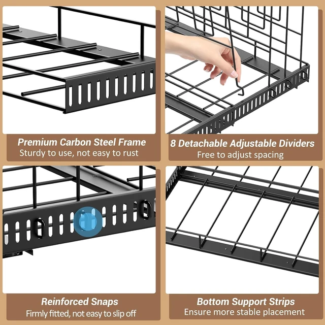 Alt view image 6 of 7 - Expandable Pull Out Bakeware Organizer for Cabinet, 13-22 Inch Adjustable Cookie Sheet Tray Storage Rack with 8 Dividers, 3-Section Smooth Slide Rail Carbon Steel Cutting Board Pan Lid Holder