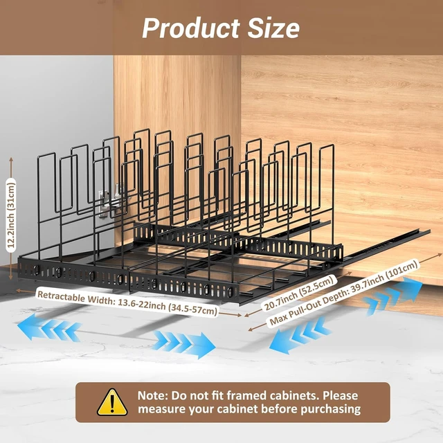 Alt view image 7 of 7 - Expandable Pull Out Bakeware Organizer for Cabinet, 13-22 Inch Adjustable Cookie Sheet Tray Storage Rack with 8 Dividers, 3-Section Smooth Slide Rail Carbon Steel Cutting Board Pan Lid Holder
