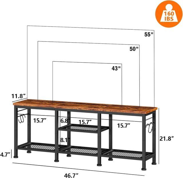 Alt view image 2 of 7 - 55 Inch TV Stand Entertainment Center, Rustic Media Console Table with Open Storage Shelves and Soundbar Shelf, Sturdy Metal Frame Television Cabinet for Living Room Bedroom Office