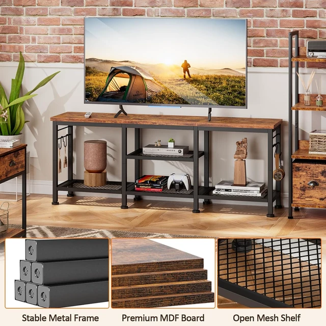 Alt view image 3 of 7 - 55 Inch TV Stand Entertainment Center, Rustic Media Console Table with Open Storage Shelves and Soundbar Shelf, Sturdy Metal Frame Television Cabinet for Living Room Bedroom Office