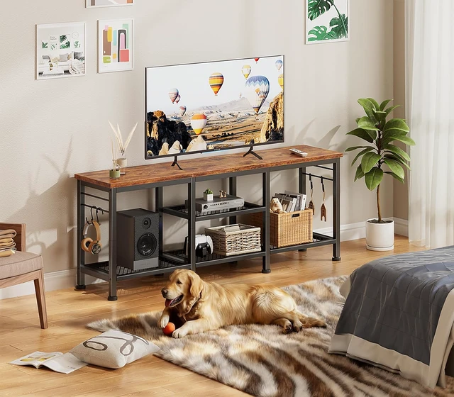 Alt view image 4 of 7 - 55 Inch TV Stand Entertainment Center, Rustic Media Console Table with Open Storage Shelves and Soundbar Shelf, Sturdy Metal Frame Television Cabinet for Living Room Bedroom Office